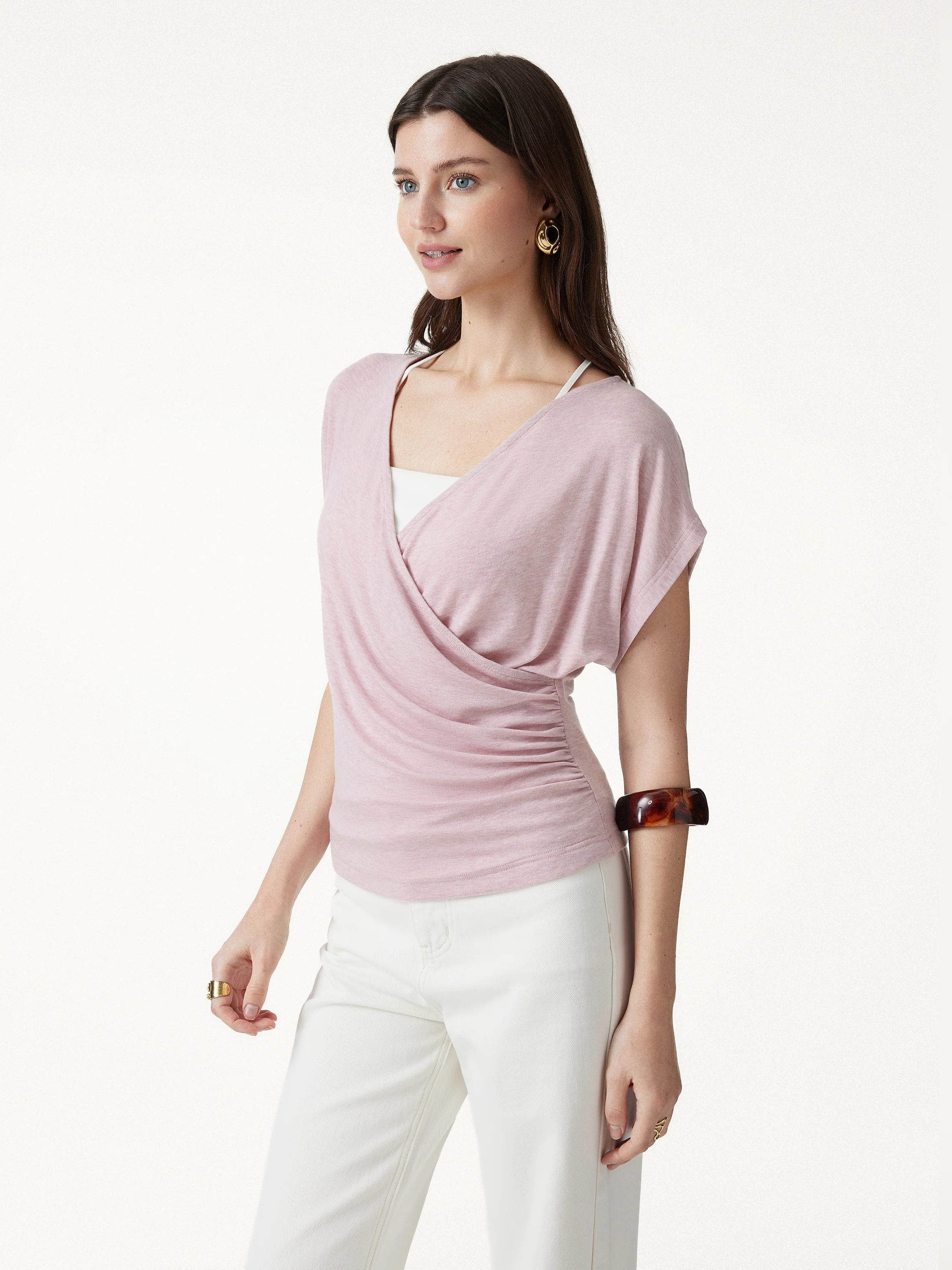 Summer Lyocell Wool Suprlice Ruched Short Sleeve Top - Image 6