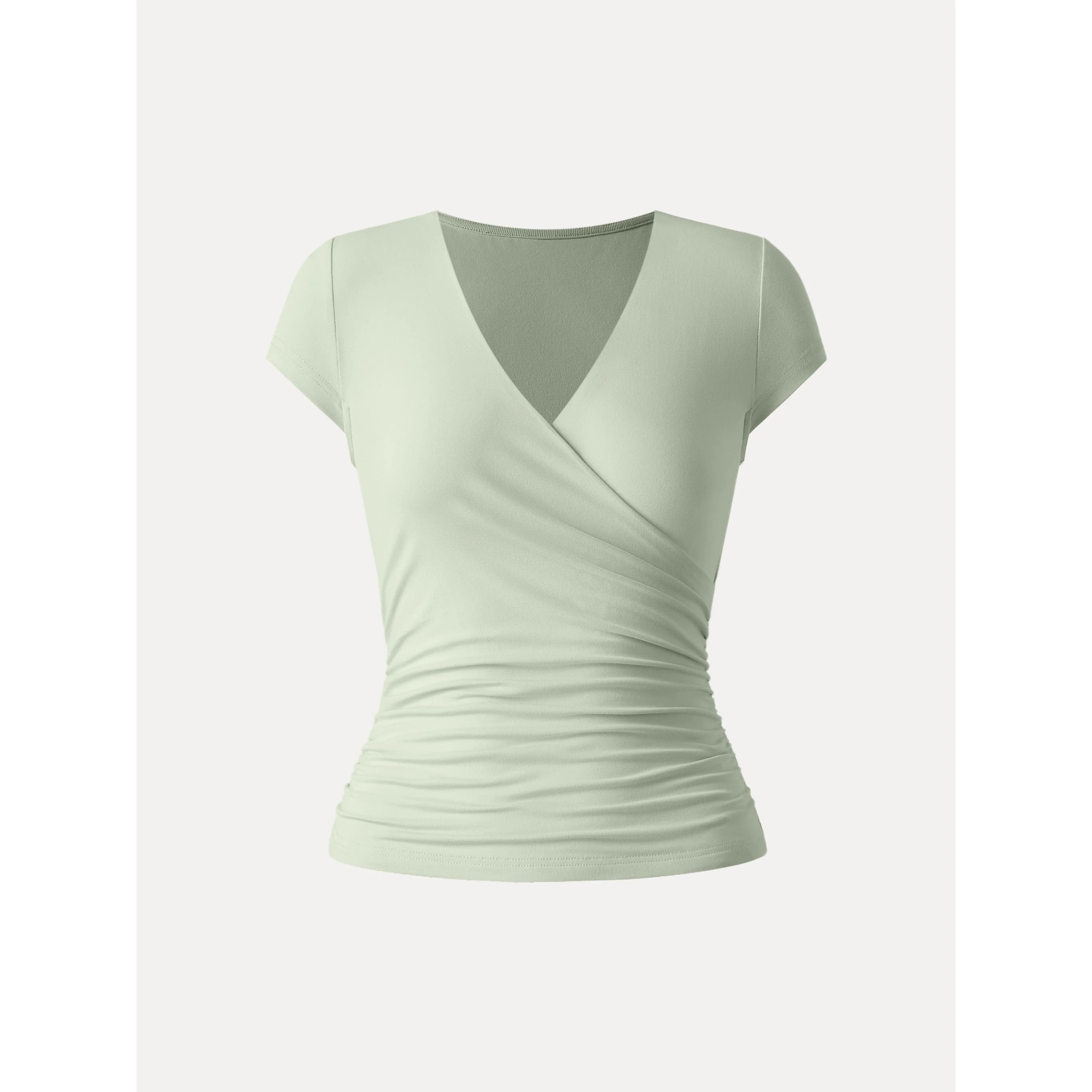 Surplice Cap Sleeve Side Ruched Fitted Tee - Image 3