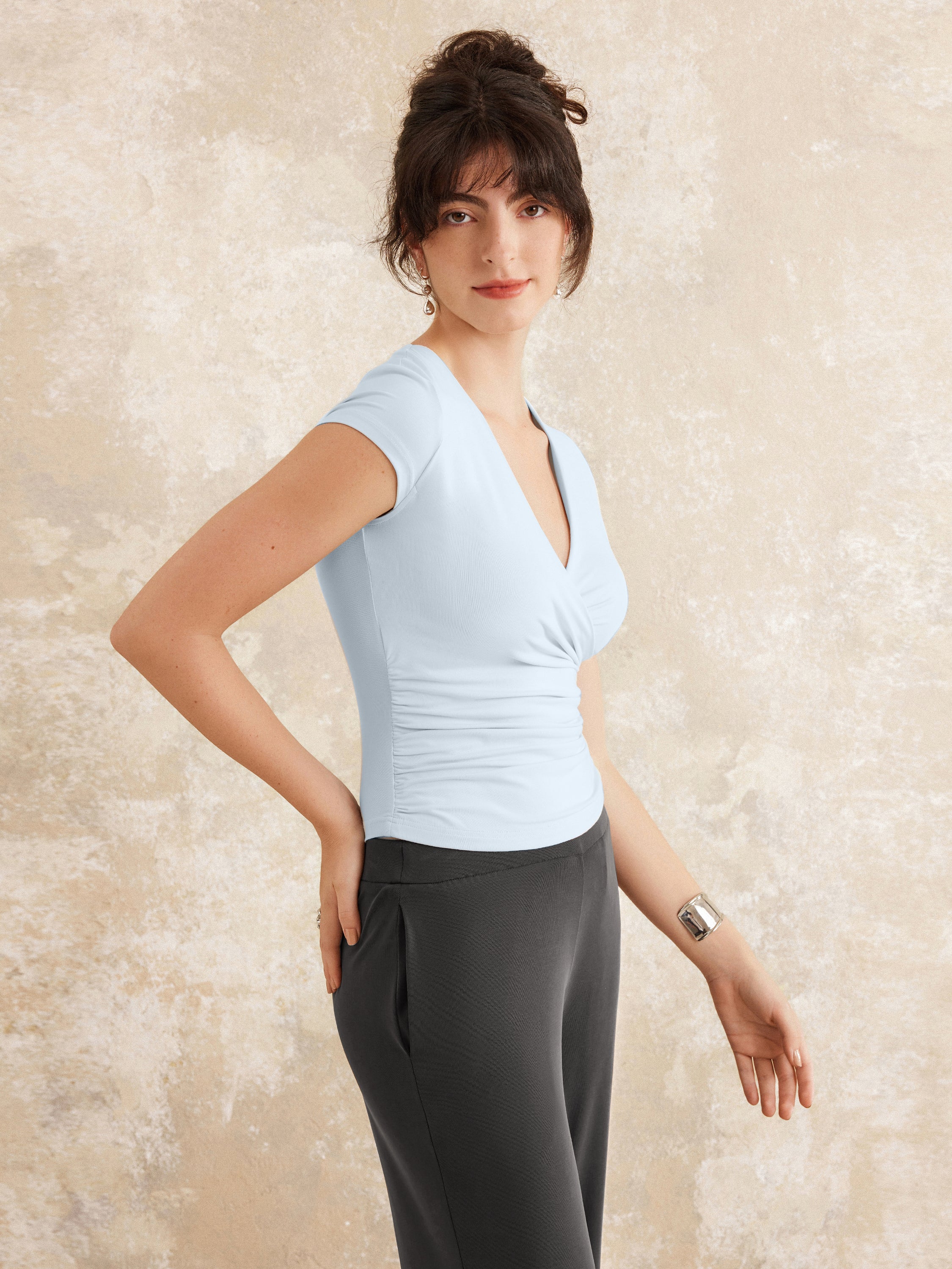 Surplice Cap Sleeve Side Ruched Fitted Tee - Image 9