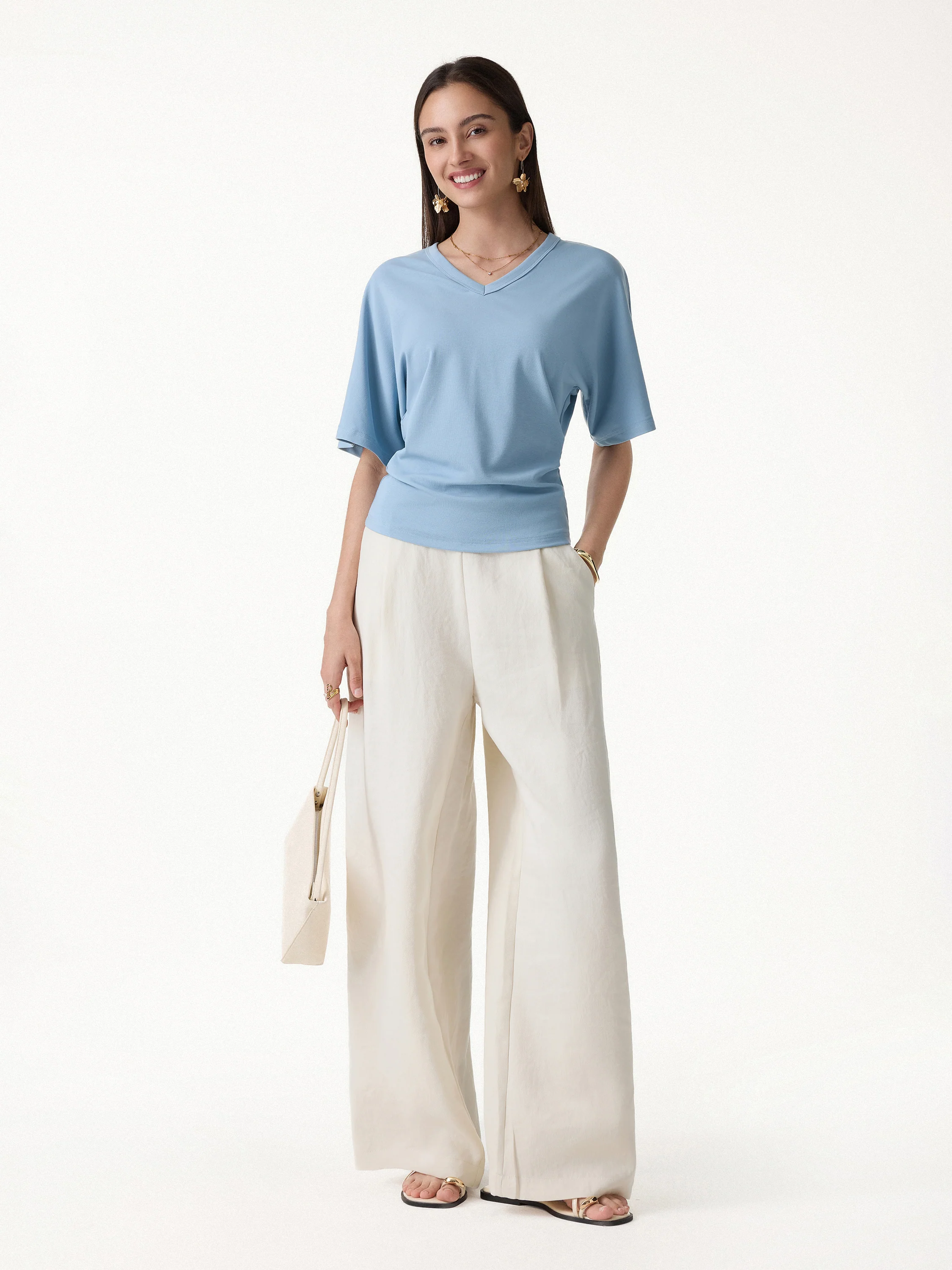 Viscose Cotton V-Neck Waist-Defining Summer Tee - Image 3