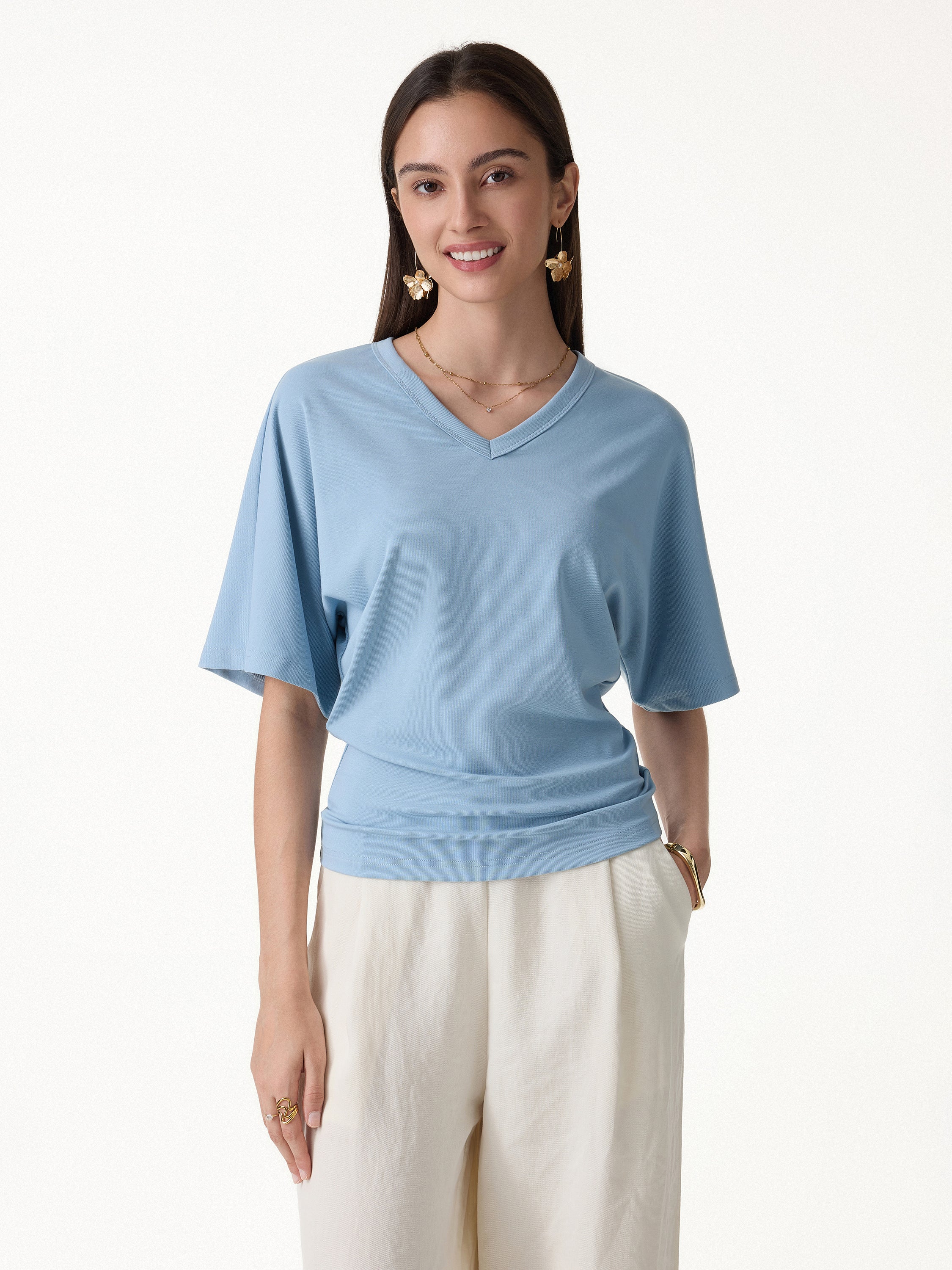 Viscose Cotton V-Neck Waist-Defining Summer Tee - Image 4