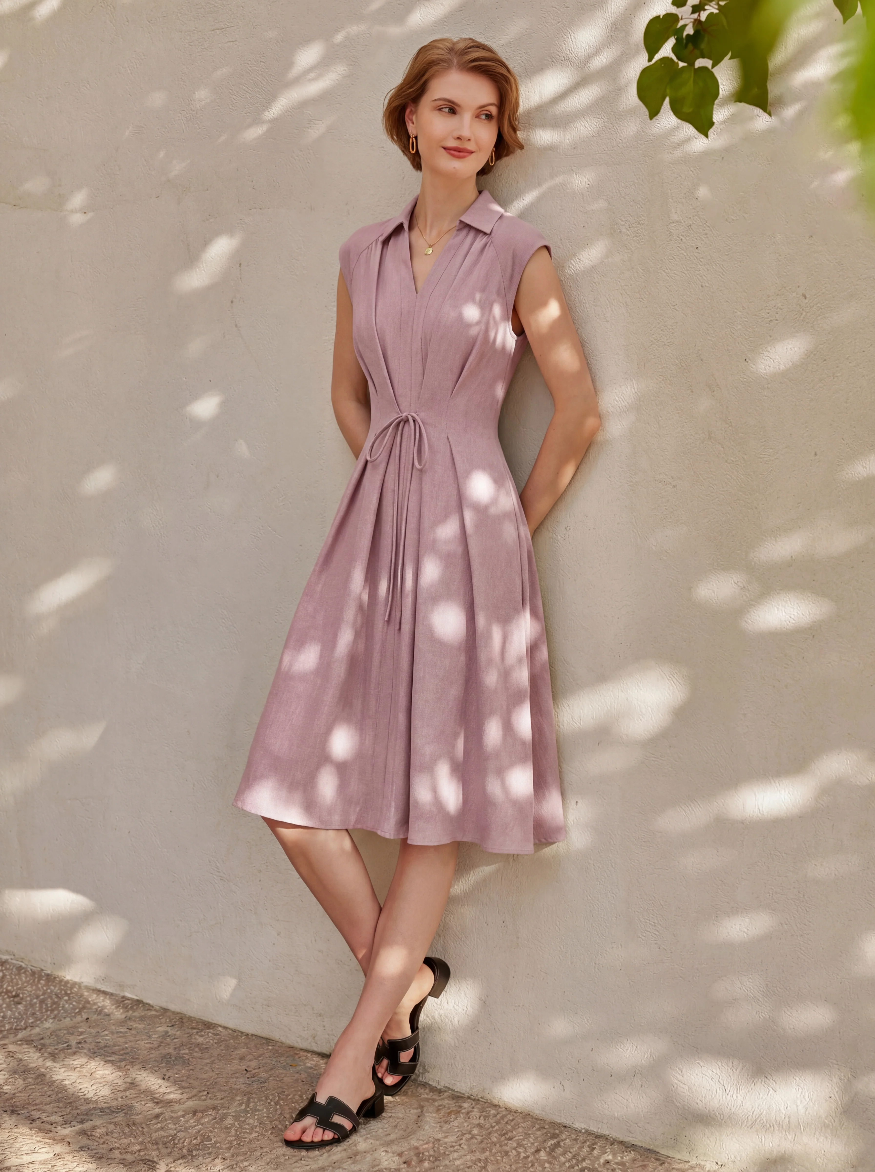 Viscose-Linen Collared V-neck Midi Dress with Drawstring - Image 14
