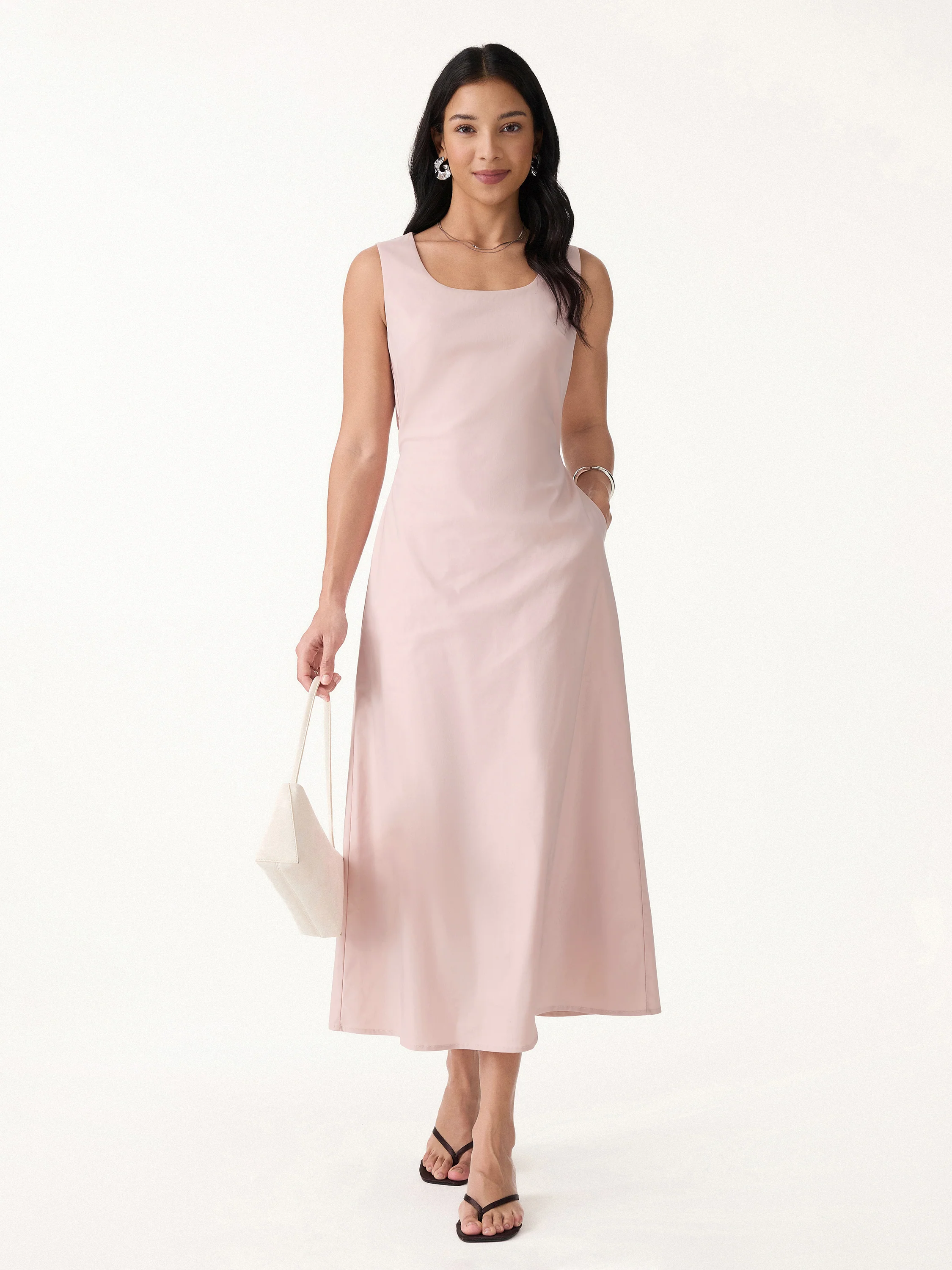 Linen Blend U-Neck Maxi Dress with Pockets