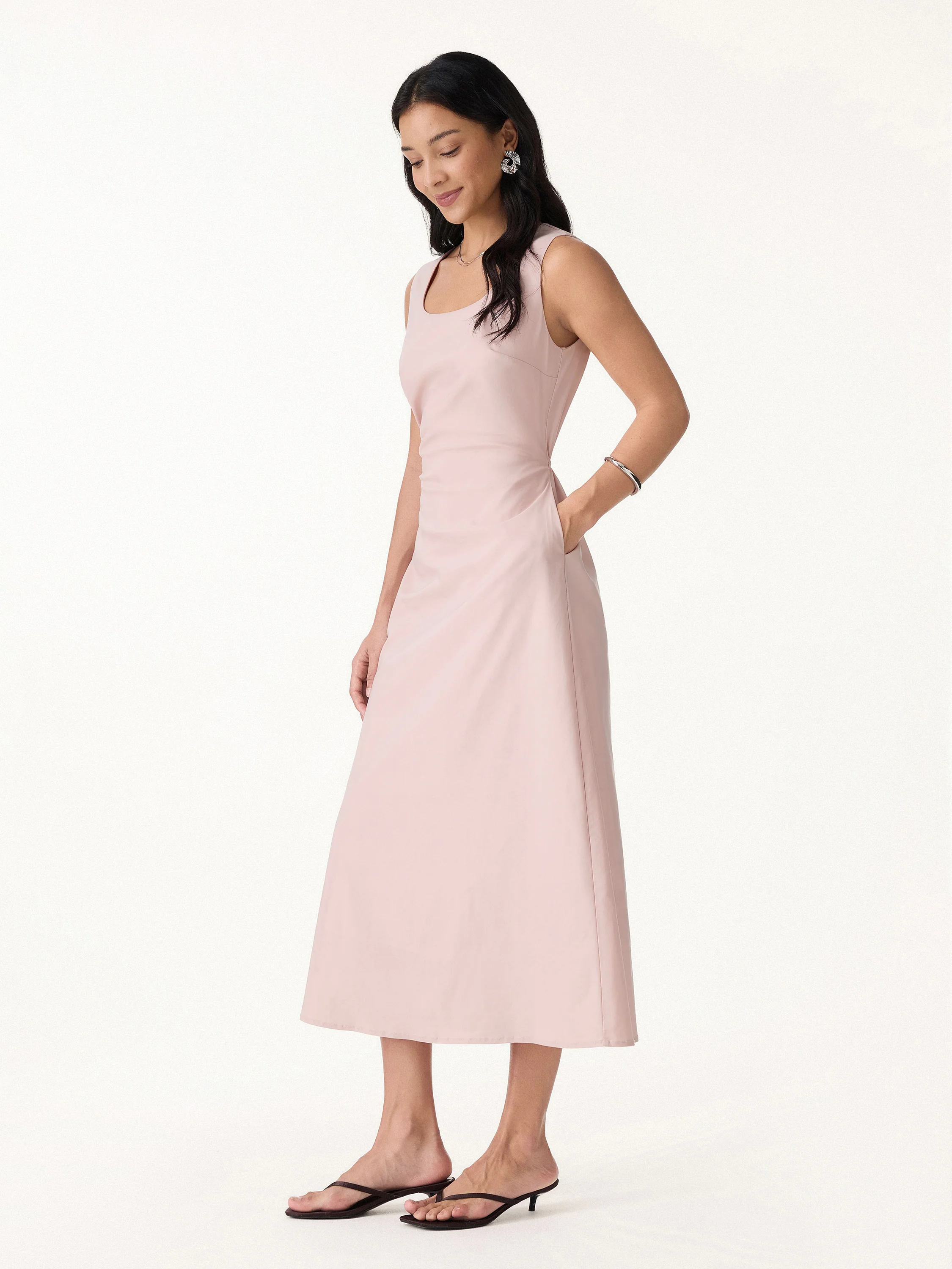 Linen Blend U-Neck Maxi Dress with Pockets - Image 6