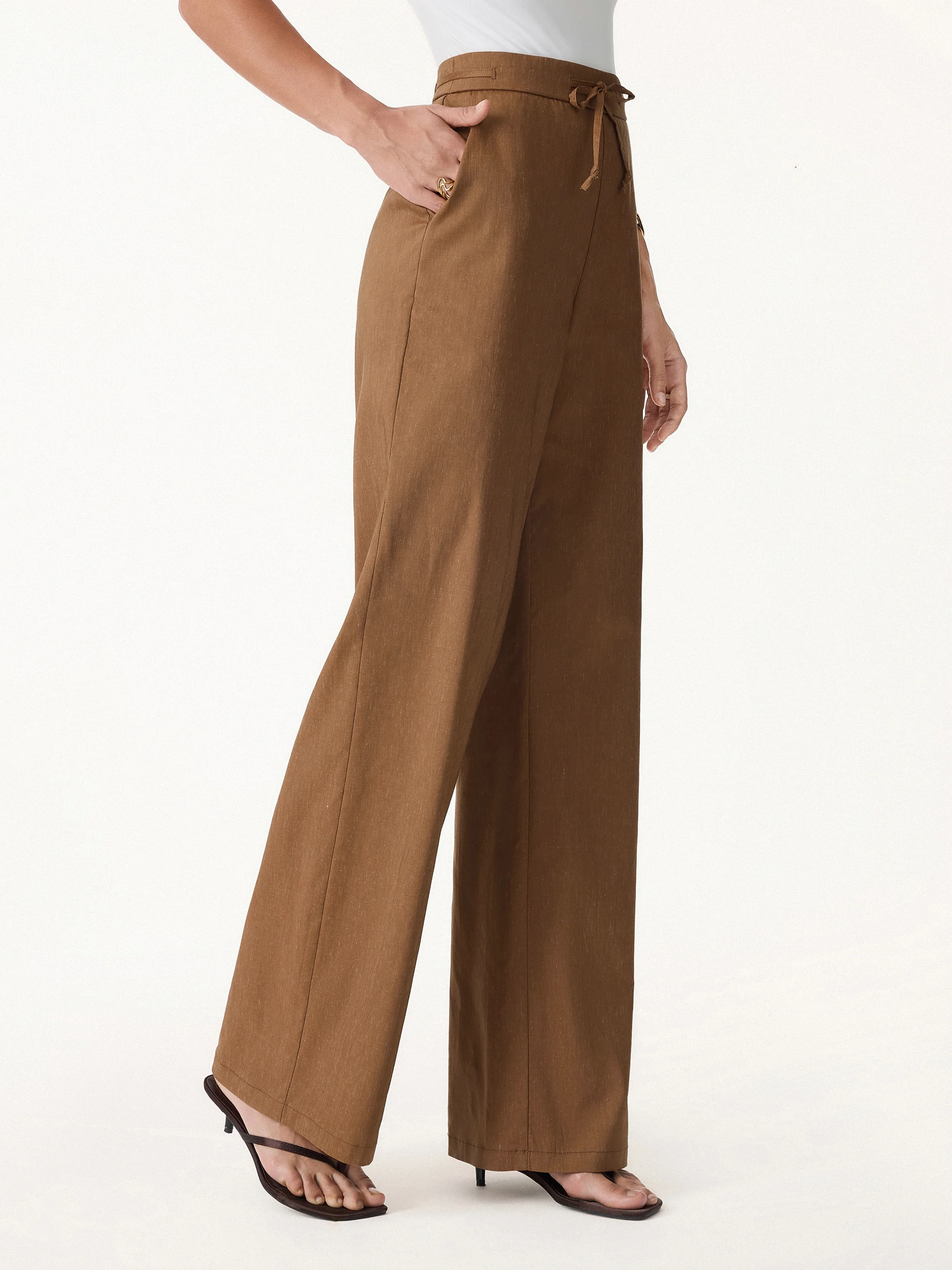 Linen Drawstring Wide Leg Pant with Pockets - Image 9