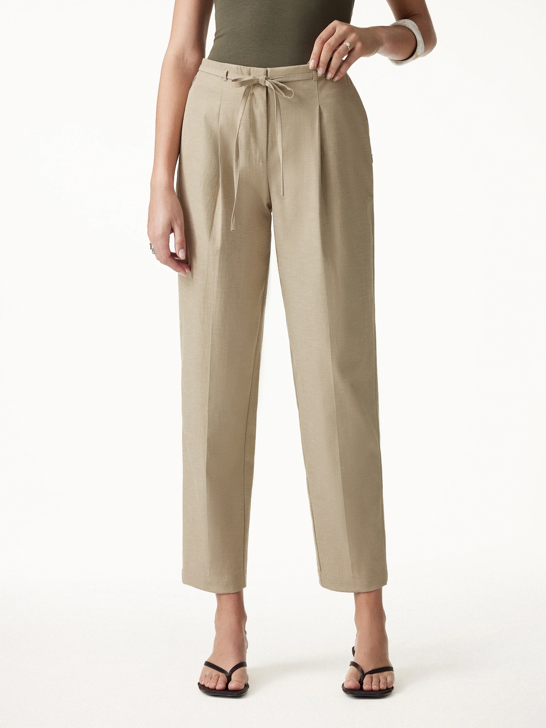 Wrinkle-Resistant Linen-Like Cropped Tapered Leg Pants with Pockets - Image 5